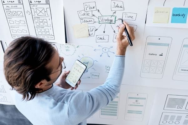 Un hombre está trabajando en una pizarra con un bolígrafo y una tableta.